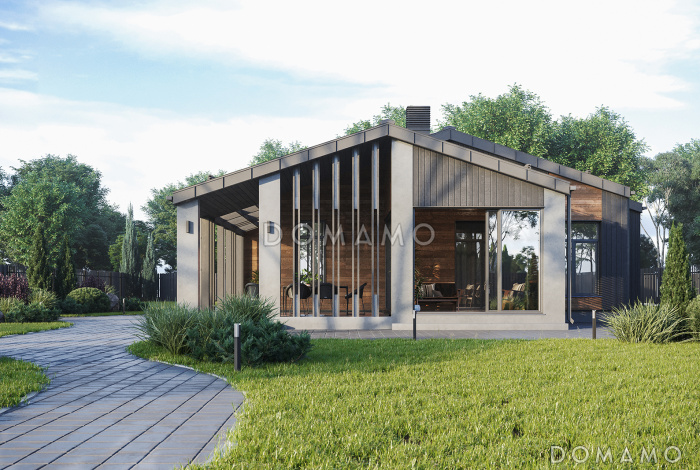 Проект каркасного дома в стиле барнхаус с 4 спальнями, кабинетом, террасой и теплой верандой