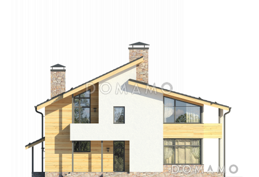 Проект дома из СИП панелей со спальней на первом этаже, ванной с окном, вторым светом в гостиной, двумя балконами / Фасад 3