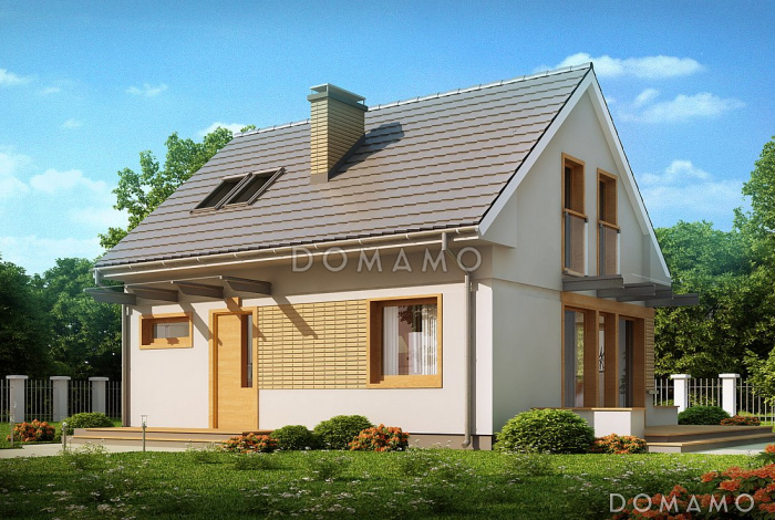 Проект компактного одноэтажного мансардного дома из газобетона с дополнительной спальней на первом этаже и тремя спальнями на мансарде