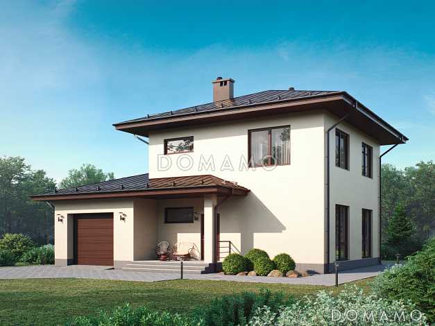 Проект загородного дома с гаражом, четырьмя спальнями, ванной с окном