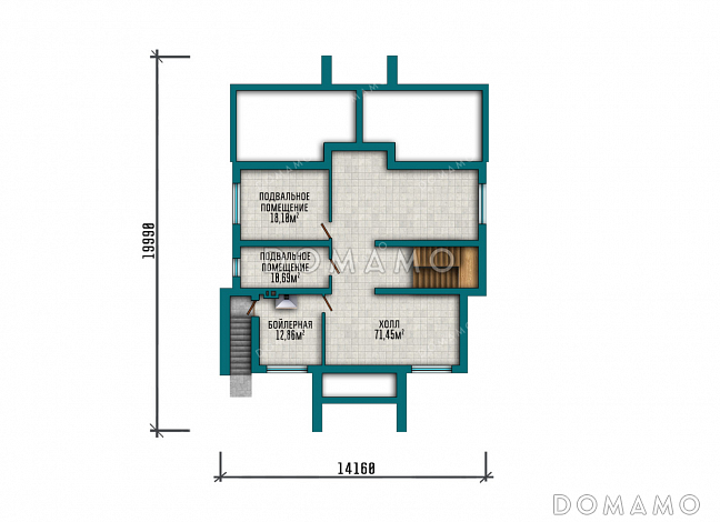 Проект большого двухэтажного дома с подвалом в стиле Райт с комбинированной отделкой и широкой кровлей / План цокольного этажа