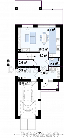Проект двухэтажного дома из газобетона с фронтальным гаражом для узкого участка / План 1 этажа