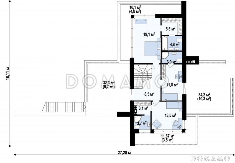 Проект современного двухэтажного дома из газобетона с плоской крышей необычного дизайна, подходит для участка со склоном / План 2 этажа