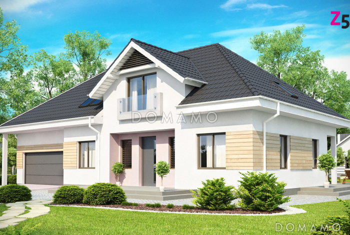 Проект просторного одноэтажного дома из кирпича со свободной зоной на мансардном этаже и со встроенным гаражом