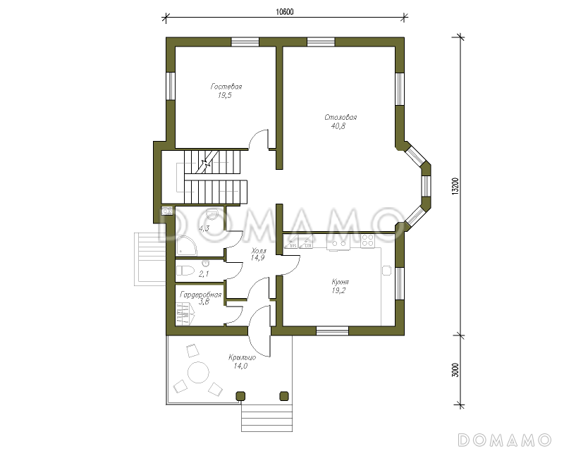 Проект кирпичного коттеджа с подвалом и мансардой / План 1 этажа