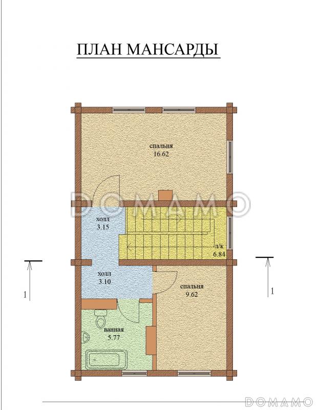 Проект компактного одноэтажного дома из оцилиндрованного бревна с мансардой / План мансардного этажа