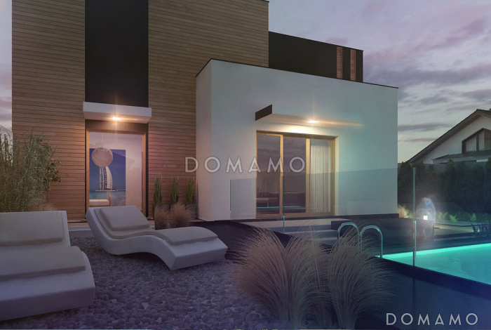 Проект стильного загородного дома с плоской крышей, гаражом, террасами