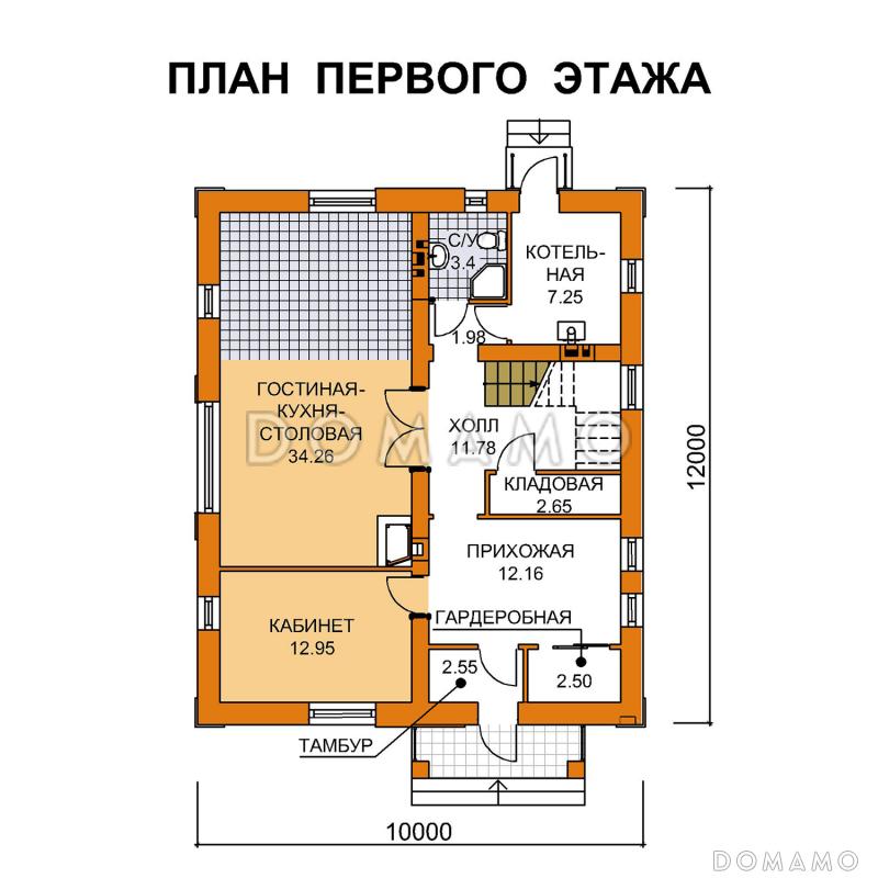 Проект компактного коттеджа с пятью спальнями / План 1 этажа