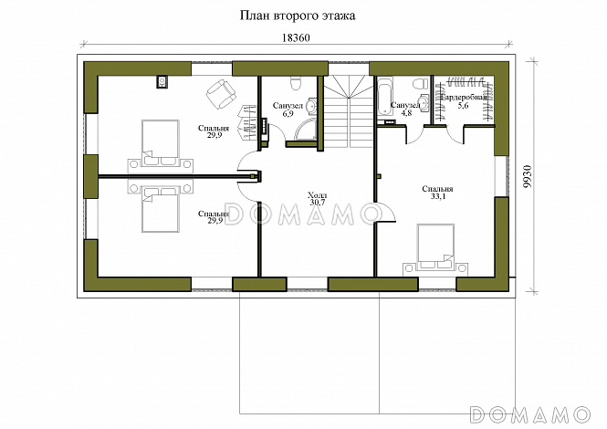 Проект двухэтажного дома с гаражем, тремя спальнями и просторной крытой террасой / План 2 этажа