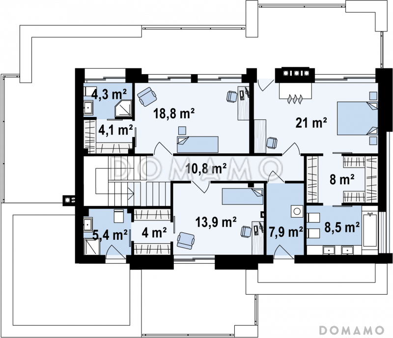 Проект современного просторного двухэтажного дома из газобетона с гаражом и просторными террасами на обоих уровнях / План 2 этажа