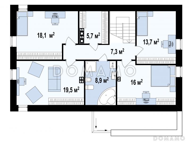 Проект современного мансардного дома из кирпича с пятью комнатами и гаражом / План мансардного этажа