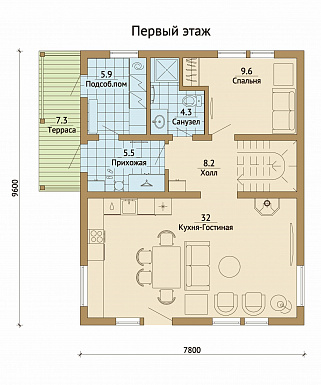 Проект каркасного дома с санузлом на втором этаже / План 1 этажа