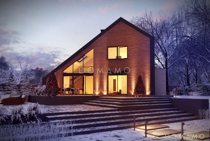 Проект мансардного дома в стиле шале из кирпича с дополнительной спальней на первом этаже, вторым светом и гаражом