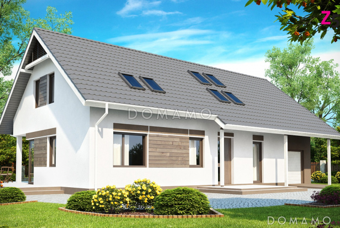 Проект одноэтажного мансардного дома из кирпича со встроенным гаражом и угловой террасой