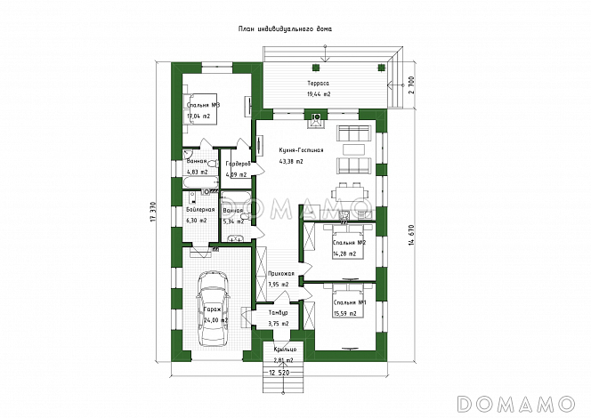 Проект дома с мастер-спальней, крытой террасой и встроенным гаражом / План 1 этажа