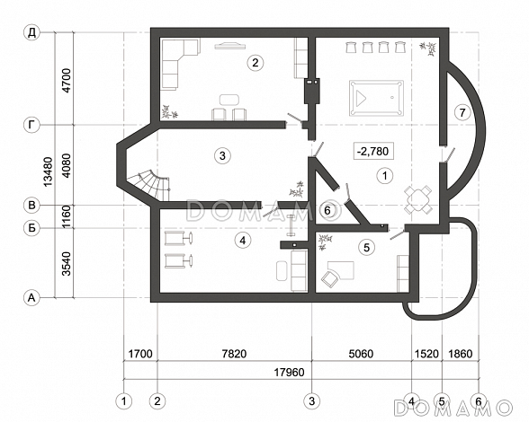 Проект дома с окнами разной формы / План цокольного этажа