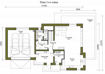 Проект трехэтажного дома в стиле хай-тек с гаражом на две машины и балконом над ним / План 1 этажа