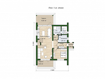 Проект двухэтажного дома с тремя спальными комнатами, балконом и сауной / План 1 этажа