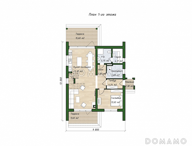 Проект двухэтажного дома с тремя спальными комнатами, балконом и сауной / План 1 этажа