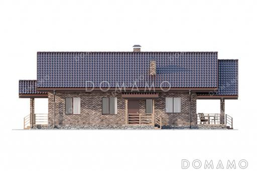 Проект выразительного одноэтажного дома с двухскатной крышей в разных уровнях, большой террасой и вторым светом / Фасад 3