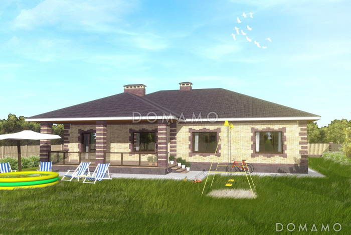 Проект одноэтажного дома по технологии ЛСТК с гаражом и открытой террасой