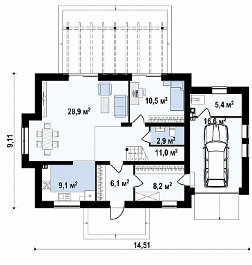 Проект одноэтажного коттеджа из газобетона с мансардным этажом, пятью спальнями и гаражом / План 1 этажа