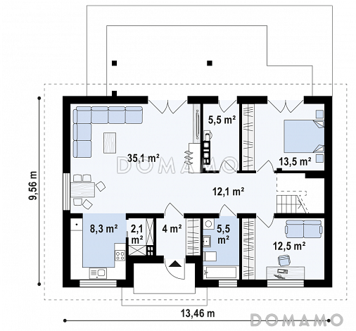 Проект одноэтажного мансардного дома из газобетона классической формы и планировки, с пятью комнатами / План 1 этажа