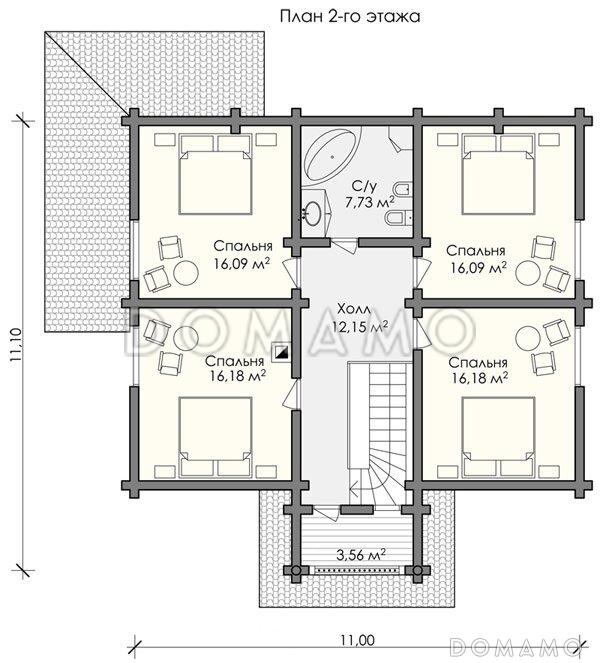 Проект дома  с 4 спальными комнатами, санузлом и небольшим балконом на мансардном этаже / План мансардного этажа