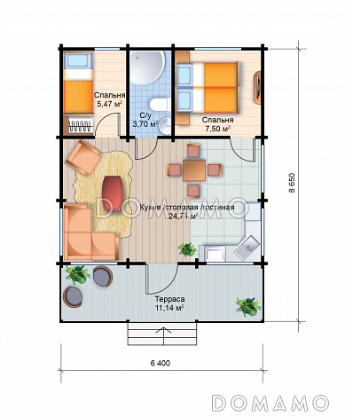 Проект одноэтажного дома с двумя спальнями и санузлом / План 1 этажа