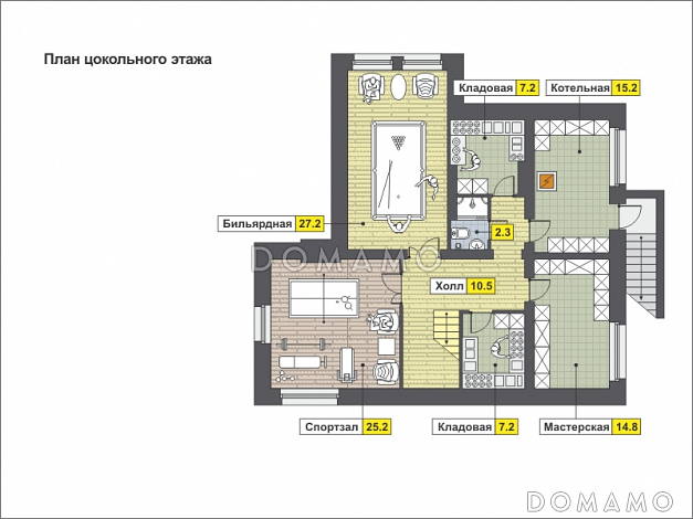 Загородный дом с окнами в пол, с тремя террасами и лоджией / План цокольного этажа