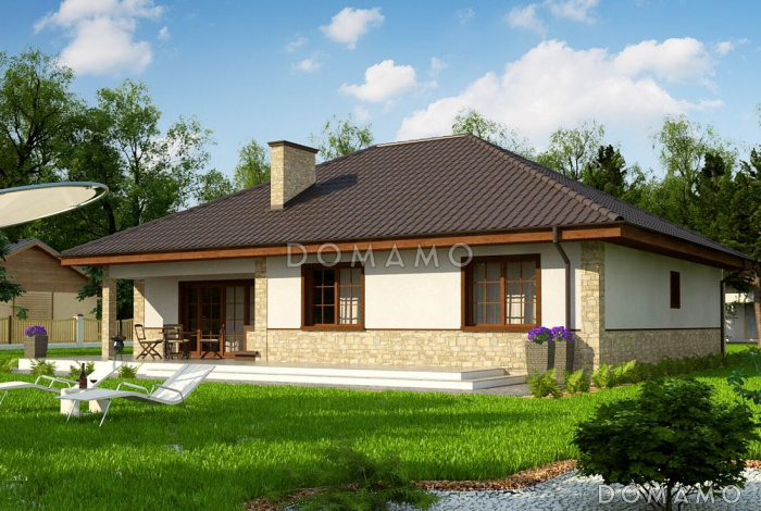 Проект одноэтажного дома с гардеробной в прихожей, просторной гостиной,  тремя спальнями, террасой