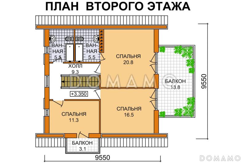 Проект коттеджа тремя спальнями, верандой и большим балконом / План мансардного этажа