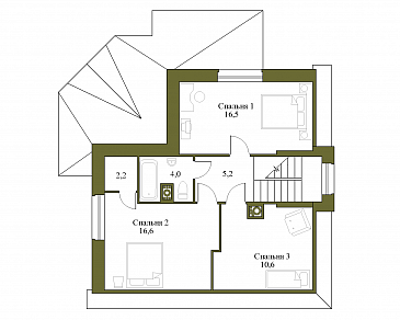 Проект коттеджа с большой террасой и небольшим подвалом. / План мансардного этажа