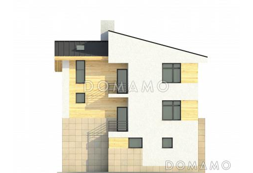 Проект загородного дома с навесом на две машины, крытой террасой, техническими помещениями на первом этаже / Фасад 4