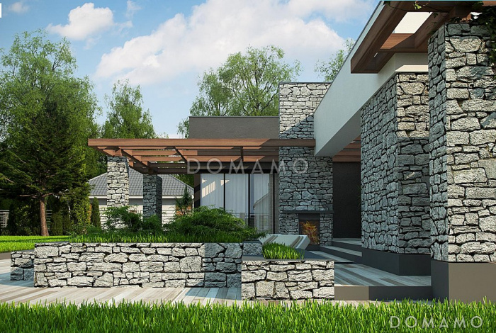 Проект современного одноэтажного углового дома из кирпича с плоской крышей, барбекю на террасе и двухместным гаражом