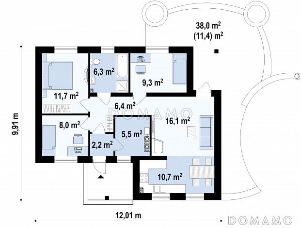 Проект небольшого одноэтажного дома из газобетона с тремя спальнями и красивой угловой террасой  / План 1 этажа