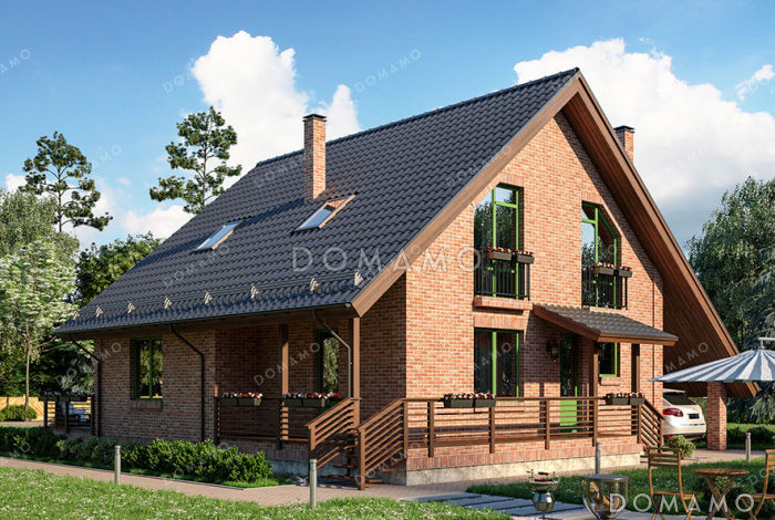 Проект дома с мансардой, двумя террасами и навесом для машины