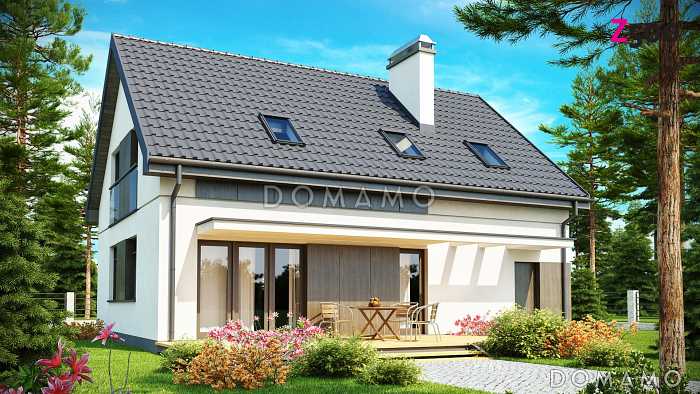 Проект одноэтажного мансардного дома из газобетона с частично крытой террасой и гаражом 