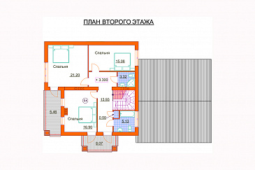 Проект дома с гаражом на две машины, просторной кухней-гостиной с выходом на террасу, гостевой спальней на первом этаже, балконами / План мансардного этажа
