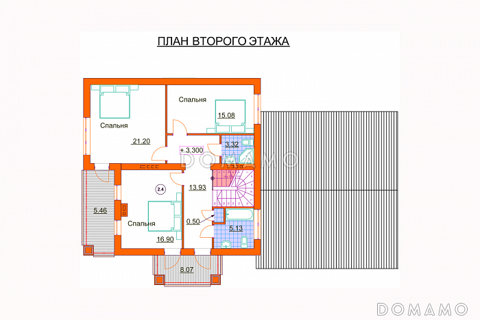 Проект дома с гаражом на две машины, просторной кухней-гостиной с выходом на террасу, гостевой спальней на первом этаже, балконами / План мансардного этажа