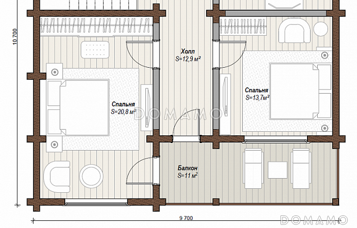 Проект дома с закрытым парковочным местом на две машины, огромной террасой и специально отведенным местом под барбекю / План мансардного этажа