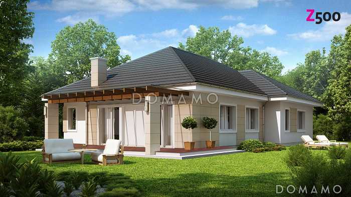 Проект одноэтажного дома из кирпича со свободной планировкой на мансардном этаже и гаражом для одного автомобиля