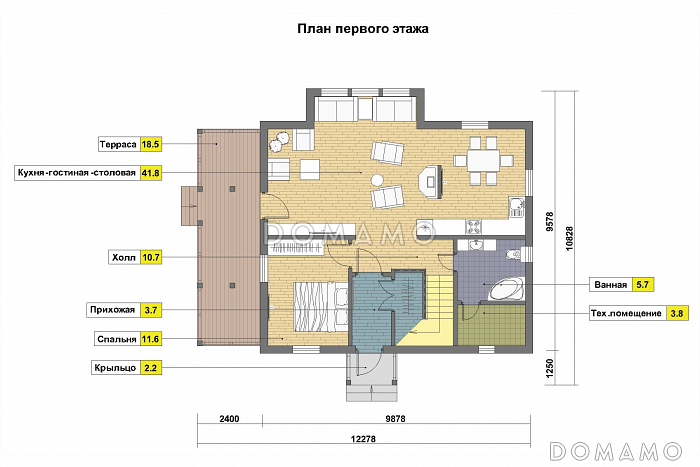 Проект дома из кирпича с отделкой фасадов в стиле фахверк, сауной на мансардном этаже / План 1 этажа
