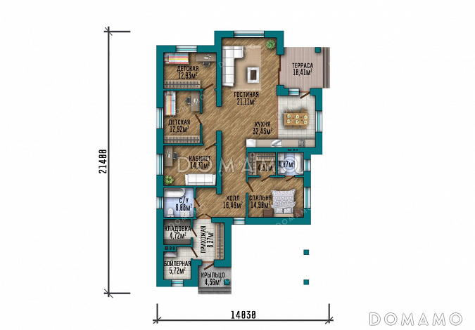 Проект одноэтажного дома с кабинетом, навесом для машины, тремя спальнями и небольшой угловой террасой / План 1 этажа