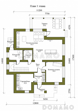 Проект двухэтажного дома с крытой террасой, тремя спальнями и гардеробными / План 1 этажа