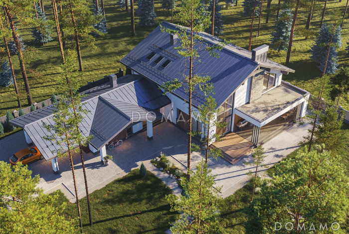 Проект кирпичного двухэтажного дома с гаражом, навесом и террасой