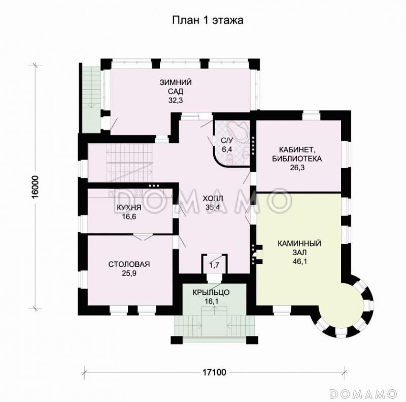 Проект кирпичного дома с гаражом на цокольном этаже / План 1 этажа