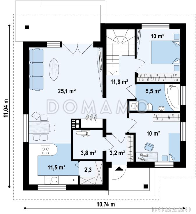 Проект одноэтажного дома из кирпича с двумя спальнями и крытой террасой с жилой мансардой / План 1 этажа