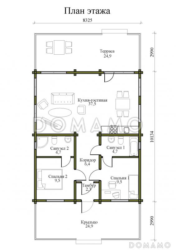 Проект одноэтажного дома из клееного бруса с панорамными окнами в пол, большими крыльцом и террасой / План 1 этажа