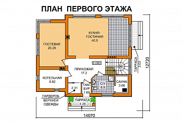 Проект дома с односкатной крышей, большим балконом и сауной / План 1 этажа